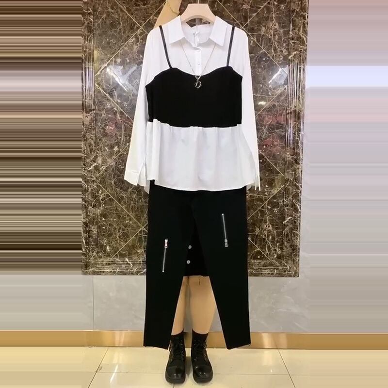 プラスサイズの女性の2020年の新しい秋の長袖の偽のツーピースシャツ、太った妹、薄い腹の隠された肉のトップ ミックスインファッション30850208317