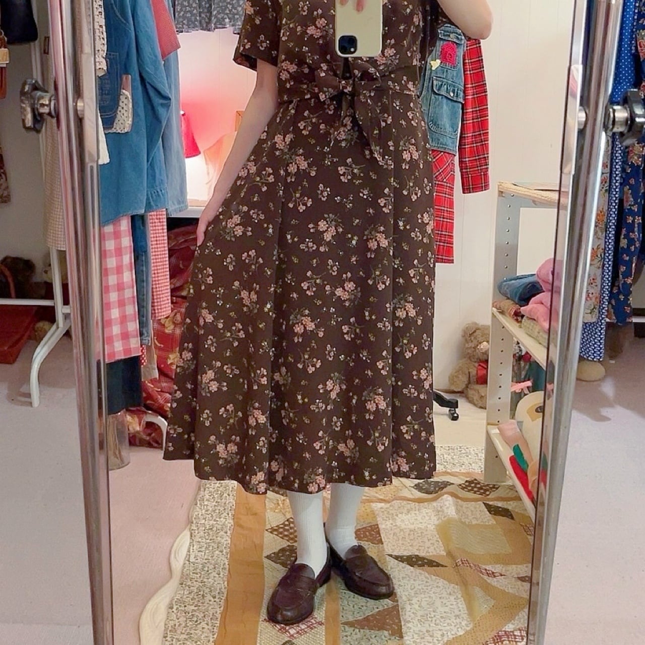 brown flower waist ribbon one-piece