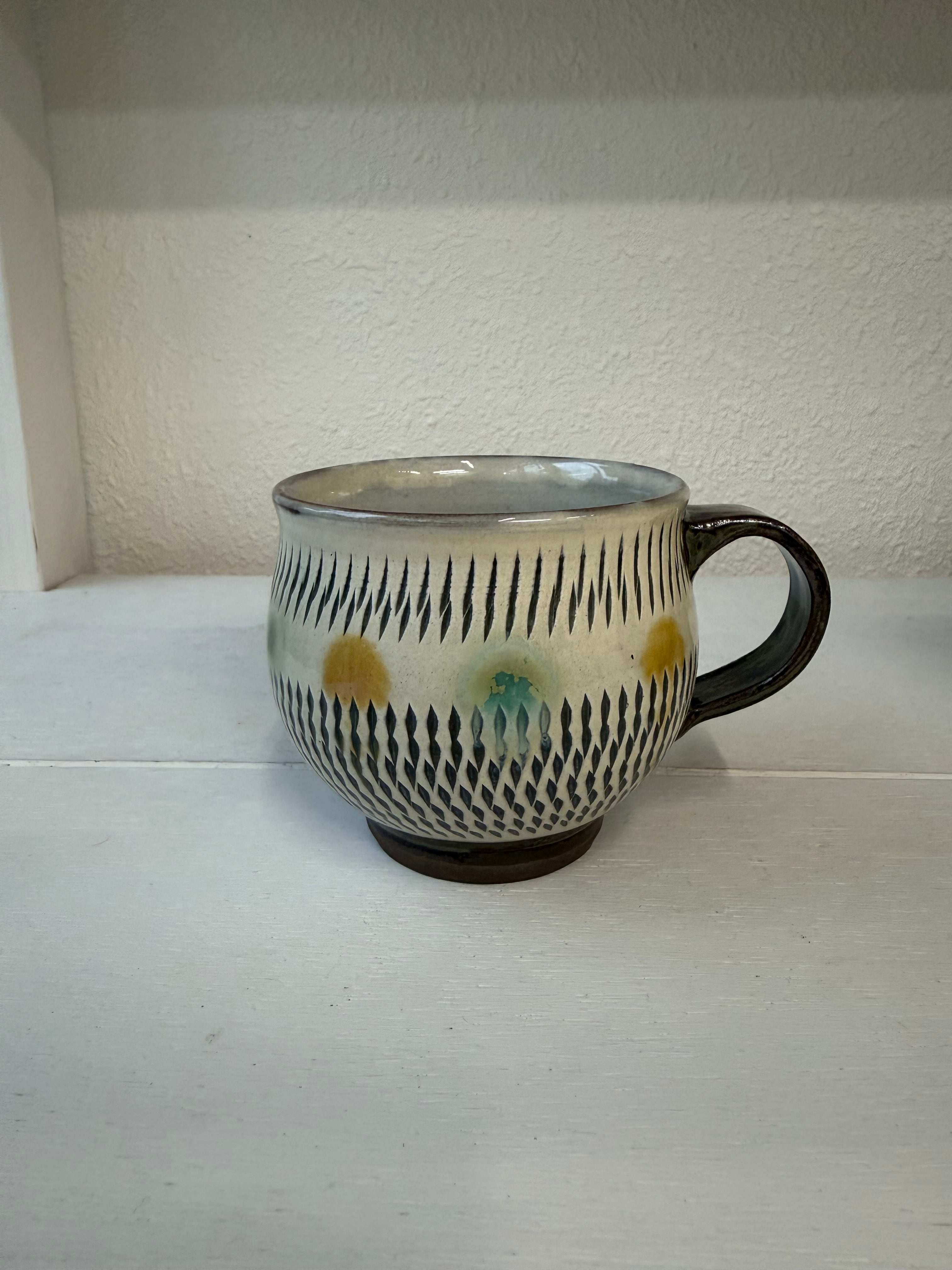 小鹿田焼 小袋道明窯 コーヒーカップ 白 飛び鉋/赤青ドット
