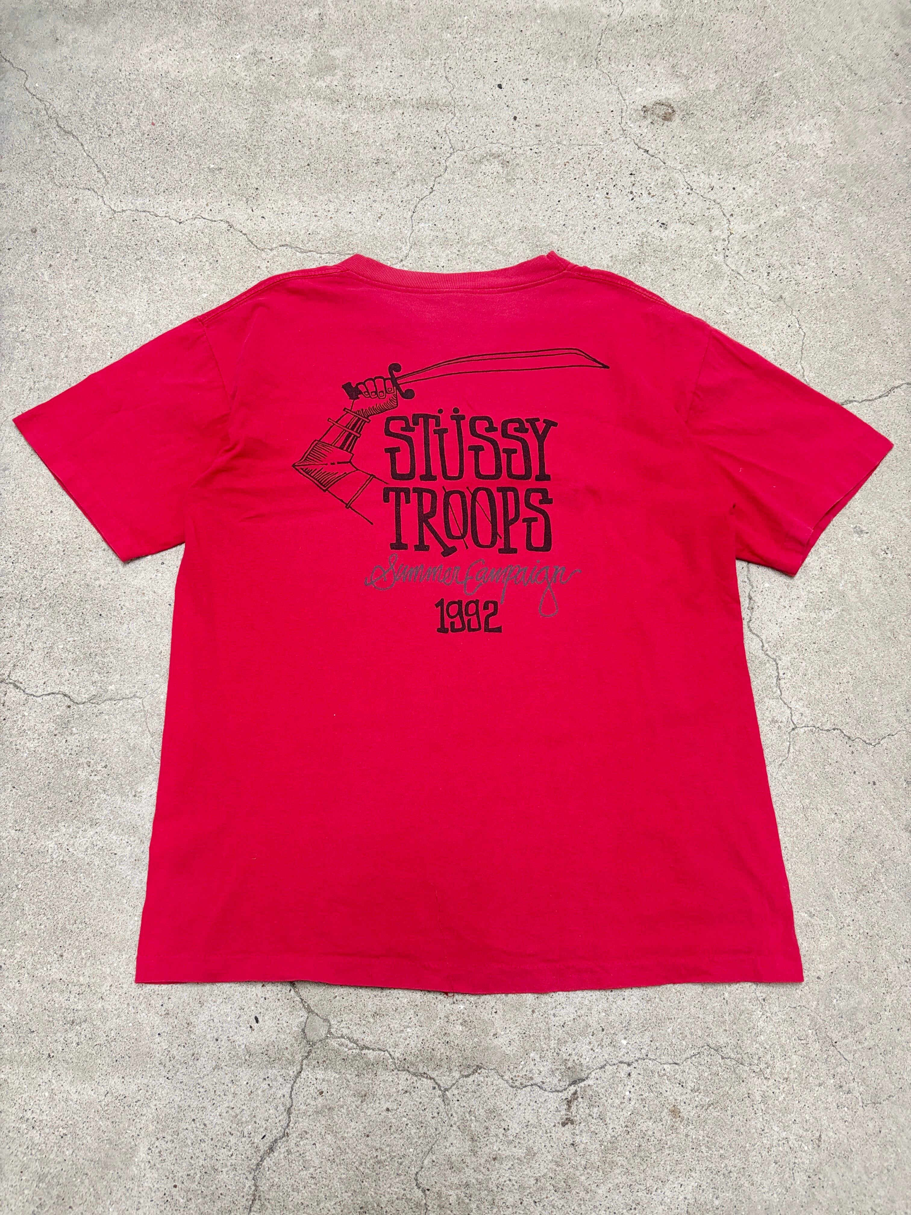90s OLD STUSSY/STUSSY TROOPS print Tee/USA製/黒タグ/L/ロゴプリント