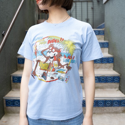 USA VINTAGE PLAY BOT WOLF PRINT DESIGN T SHIRT/アメリカ古着チャラいオオカミプリントデザインTシャツ