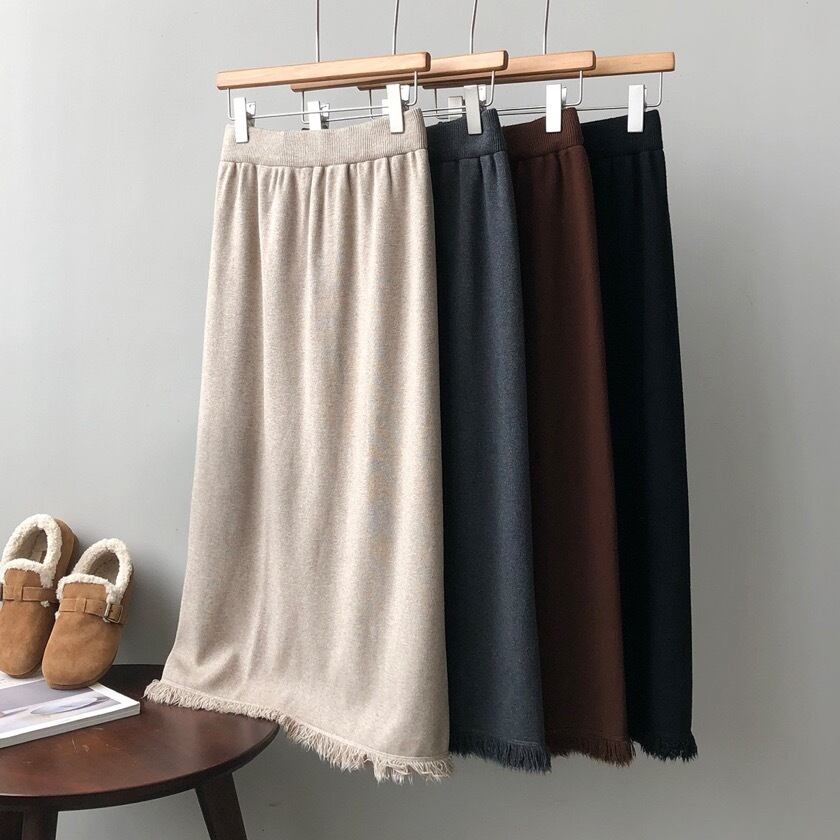 fringe knit A-line long skirt m0116