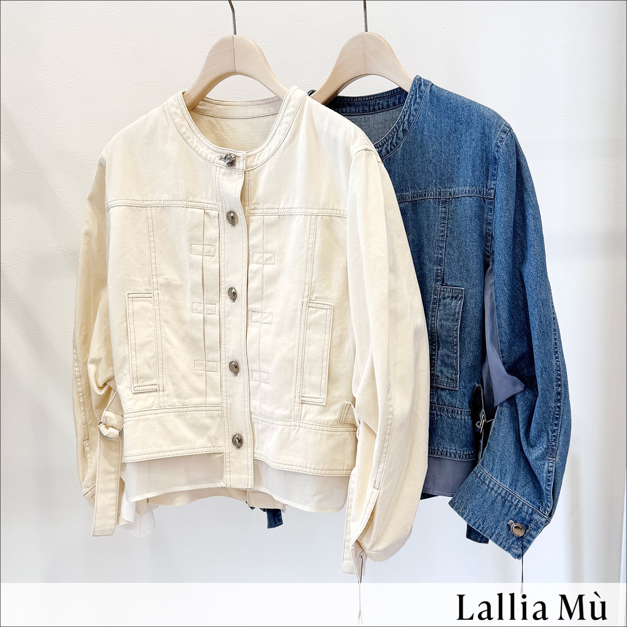 Lallia Mu (ラリアムー) ノーカラーデニムジャケット 2611243 off/blue
