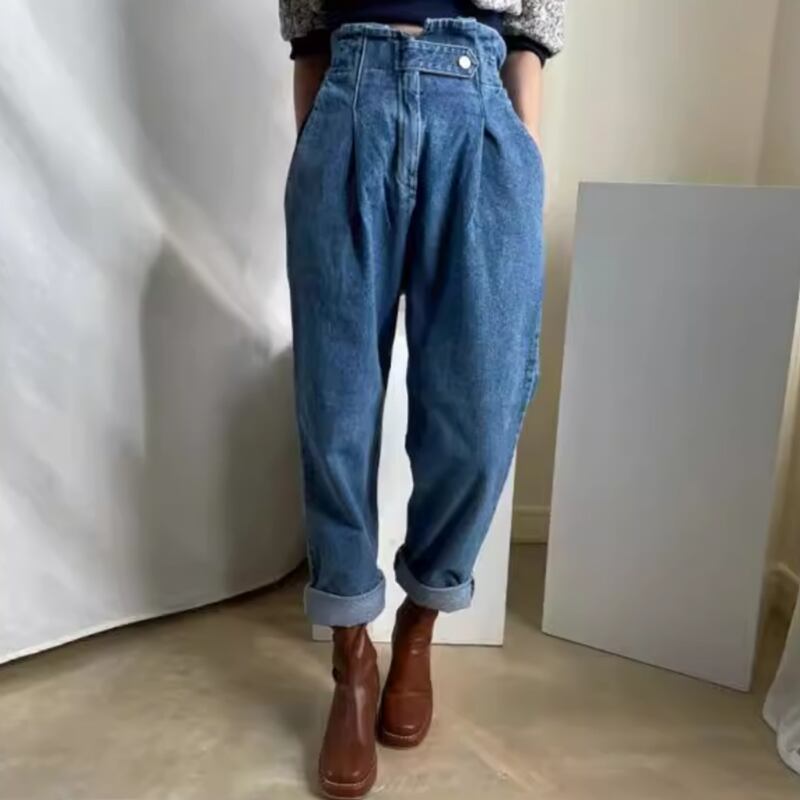 One button back rubber denim pants RW0123