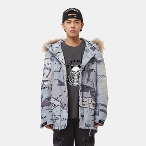 SALE 送料無料【HIPANDA ハイパンダ】男女兼用 マップ プリント ファージャケット UNISEX MAP PRINT DOWN JACKET / GRAY