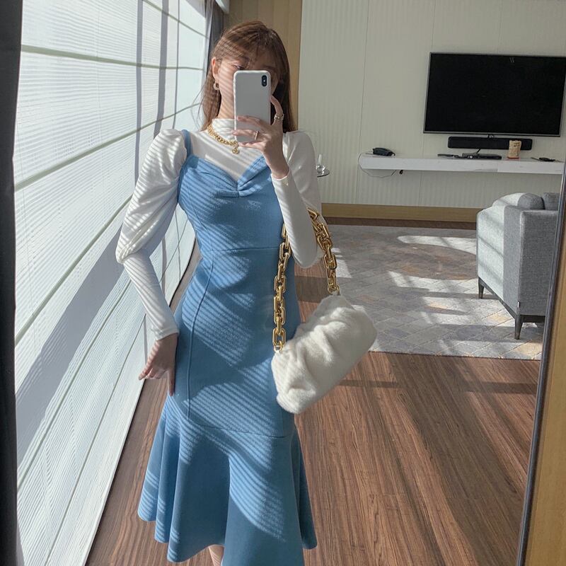 ドレス 薄手スカート スプリングオータムウェストスリム 春物 秋物 ブラックストロベリース67398282572