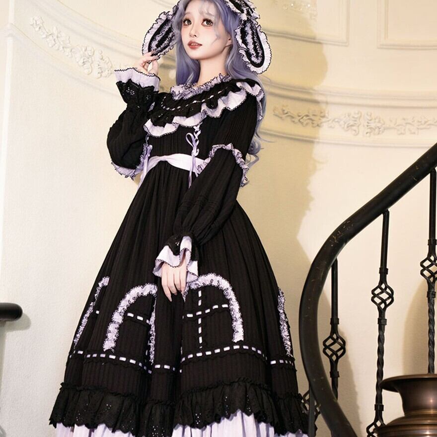 ゴスロリ ワンピース レース×姫系クラシック ブラック×ラベンダー