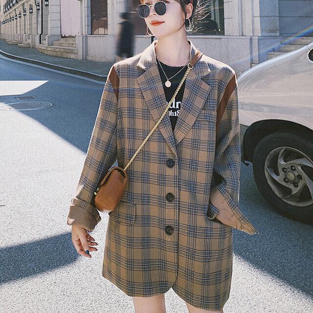 ジャケット レディース コート アウター オーバーシルエット レトロ チェック柄 ブラウン S/M/L/XL