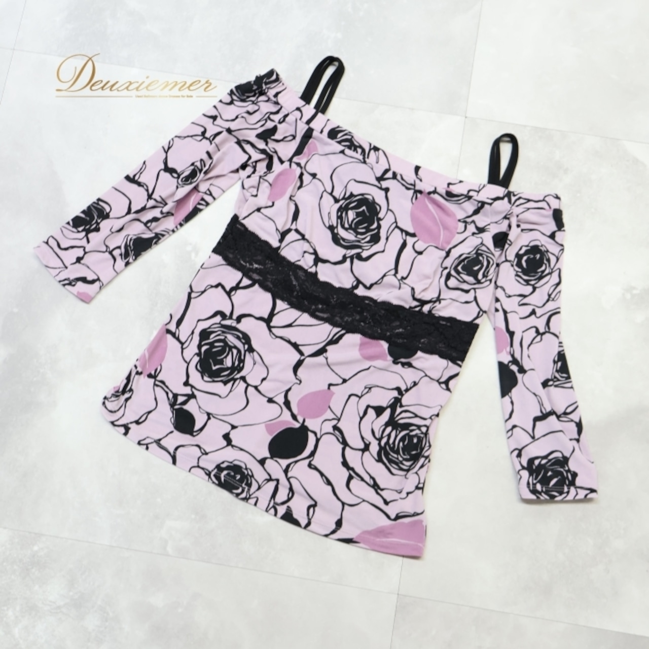 社交ダンス 衣装 トップス ブラウス パープル系 チャコット Chacott 日本製 花柄 レース 紫 黒 上品 オフショルダー パーティー かわいい フラワー くすみカラー イベント 練習 レッスン 伸縮 ストレッチ ステージ 七分袖 ブラック系