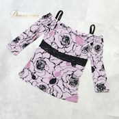 社交ダンス 衣装 トップス ブラウス パープル系 チャコット Chacott 日本製 花柄 レース 紫 黒 上品 オフショルダー パーティー かわいい フラワー くすみカラー イベント 練習 レッスン 伸縮 ストレッチ ステージ 七分袖 ブラック系