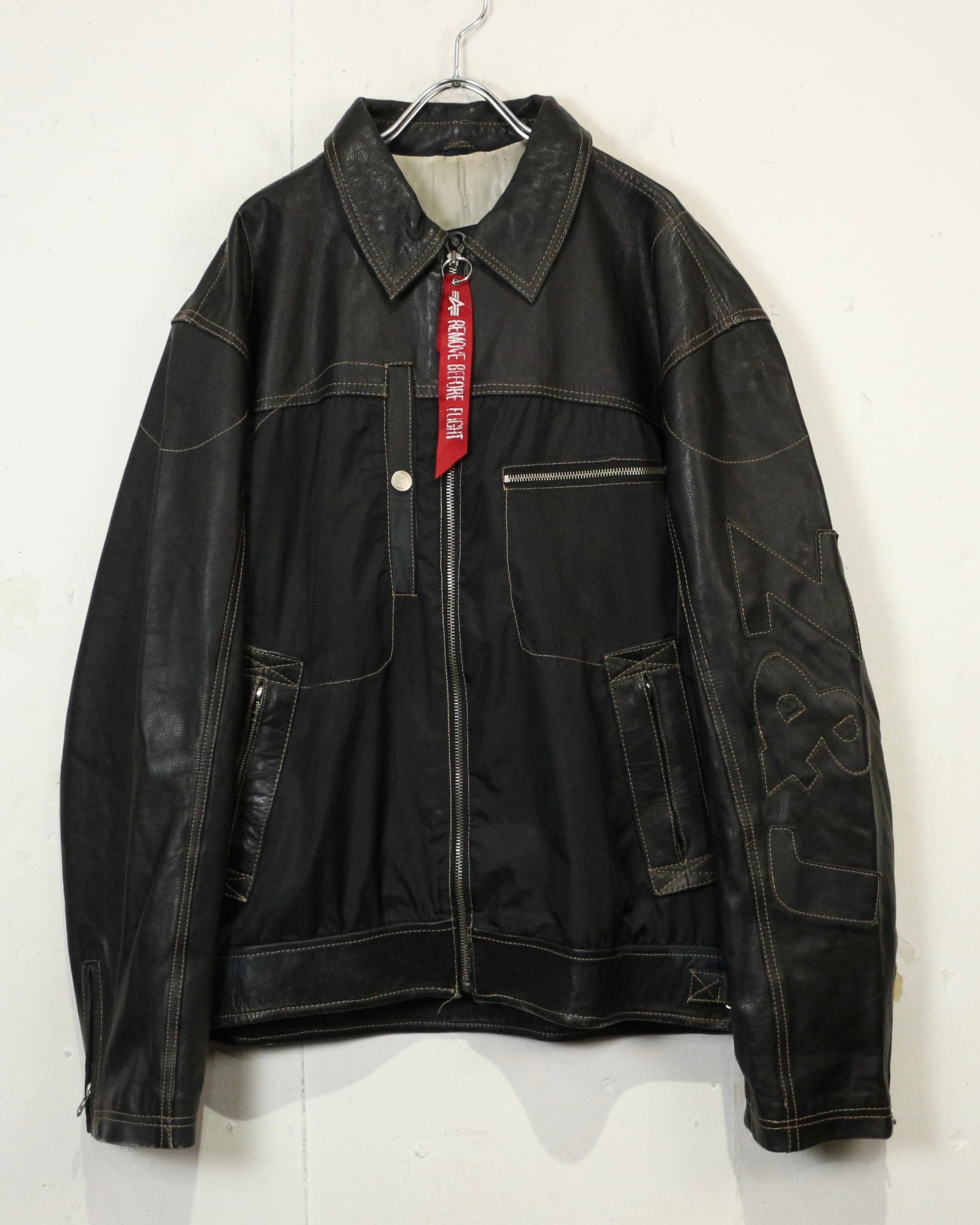 Caka act2】90's “Zino&Judy” Nylon Switching Vintage Leather Jacket
