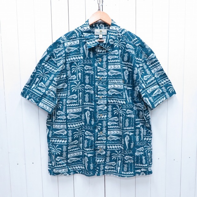 Island Shares 総柄 ハワイアンシャツ パイナップル ヤシの木 魚 アロハシャツ ネイビー メンズ XLサイズ