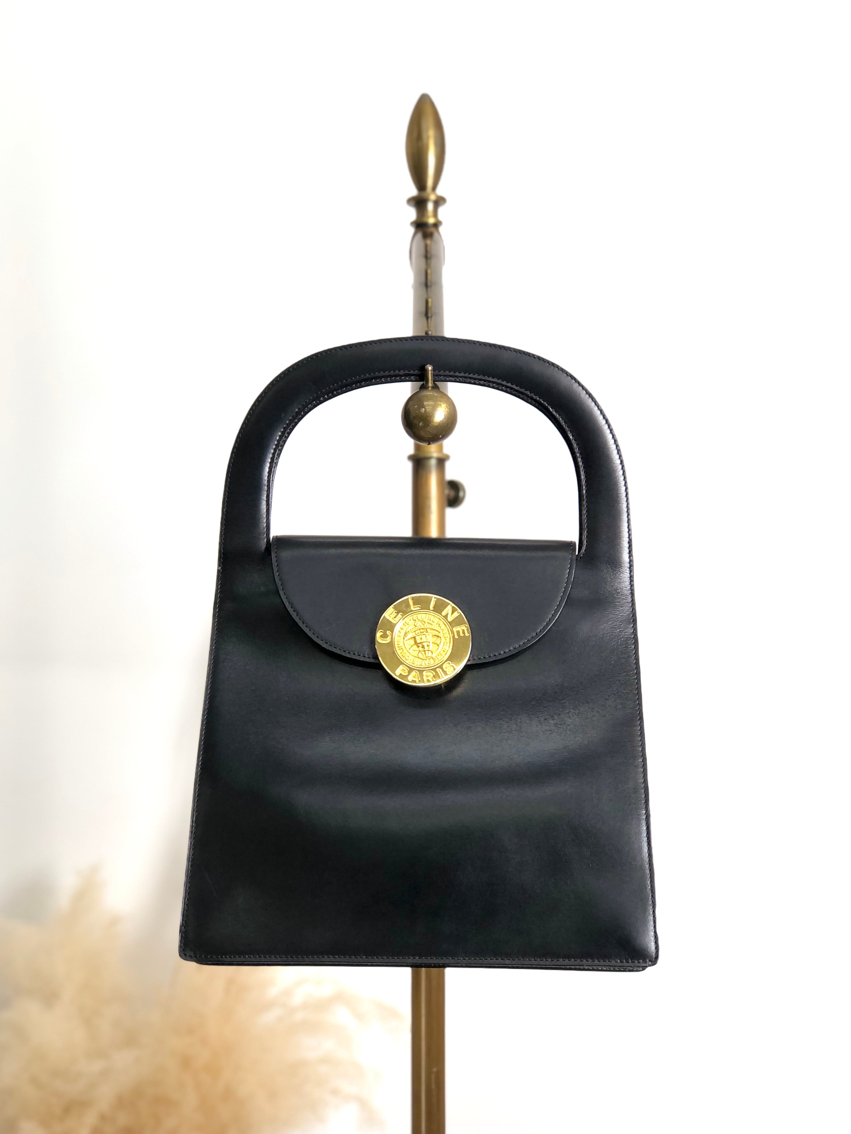 ♡セリーヌ！ビンテージ品♡ CELINE セリーヌ ハンドバッグ ブラック コインモチーフ レザー トップ
