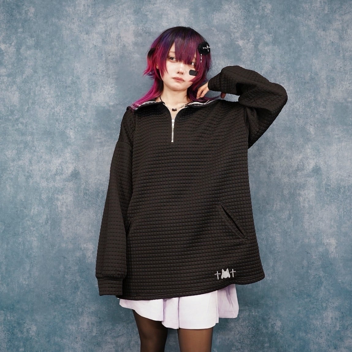 UNISEXセーラー襟ハーフZIPワッフルトップス【BLACK】 | NIER CLOTHING
