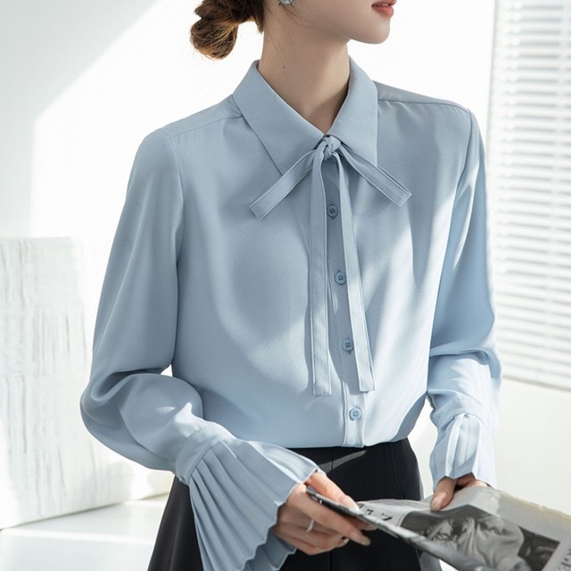 Pleated cuff bow tie shirt A1666