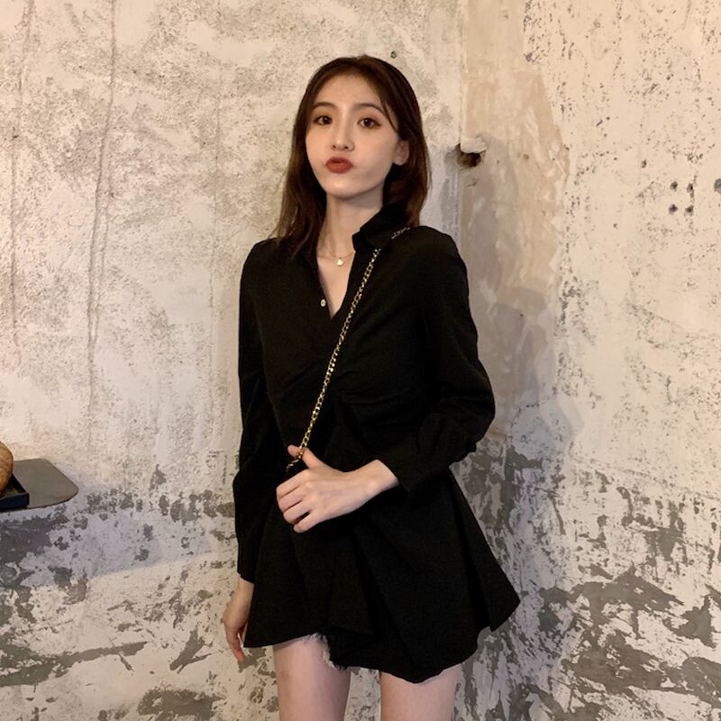 スタンダードシャツ ドレス スプリングブラック ロング レトロ 春物 スーパーモール72931201304