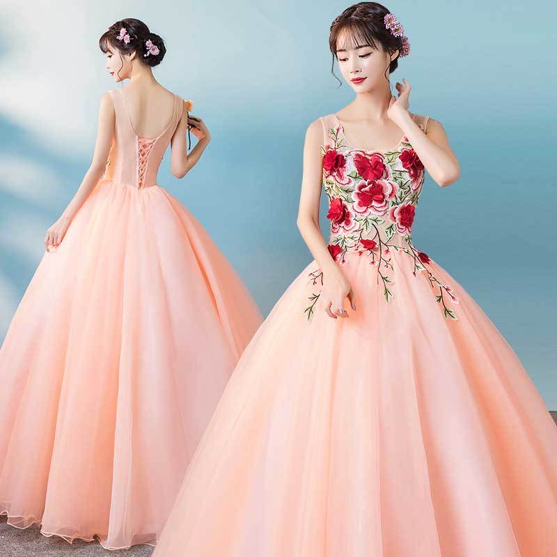 オレンジ　カラードレス　結婚式　ピンク　お花　レース　ロングドレス