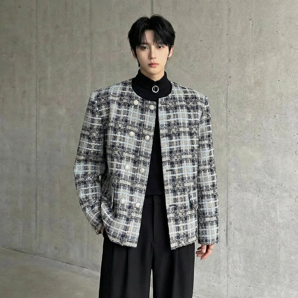 パール調ボタン チェック柄ノーカラージャケット 2カラー D12073