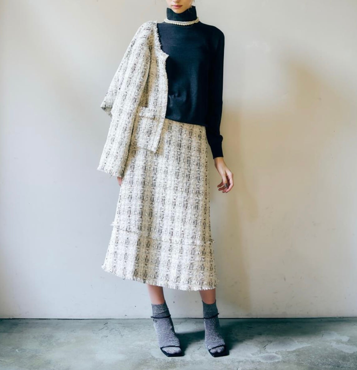 【anana】セットアップ可 ラメツイードミモレ丈スカート a89-045