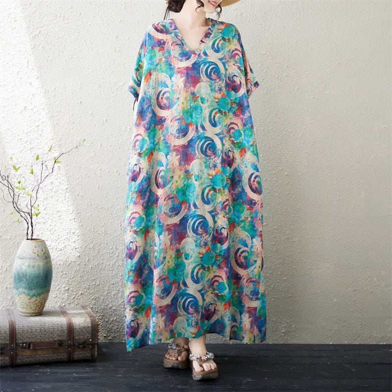 V-NECK LIGHT LINEN PRINT LOOSE MAXI DRESS M-17575