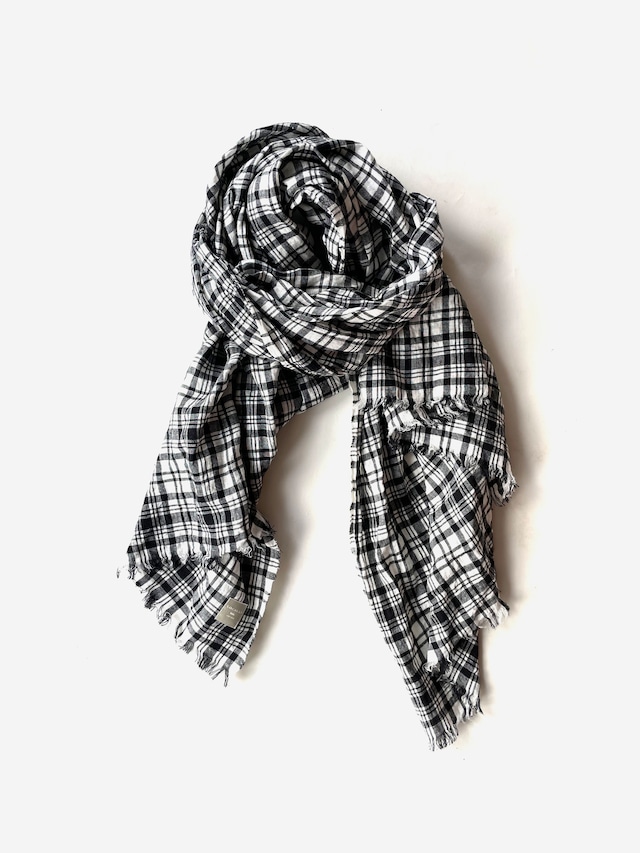 0188-1 linen,cotton check stole / white,black