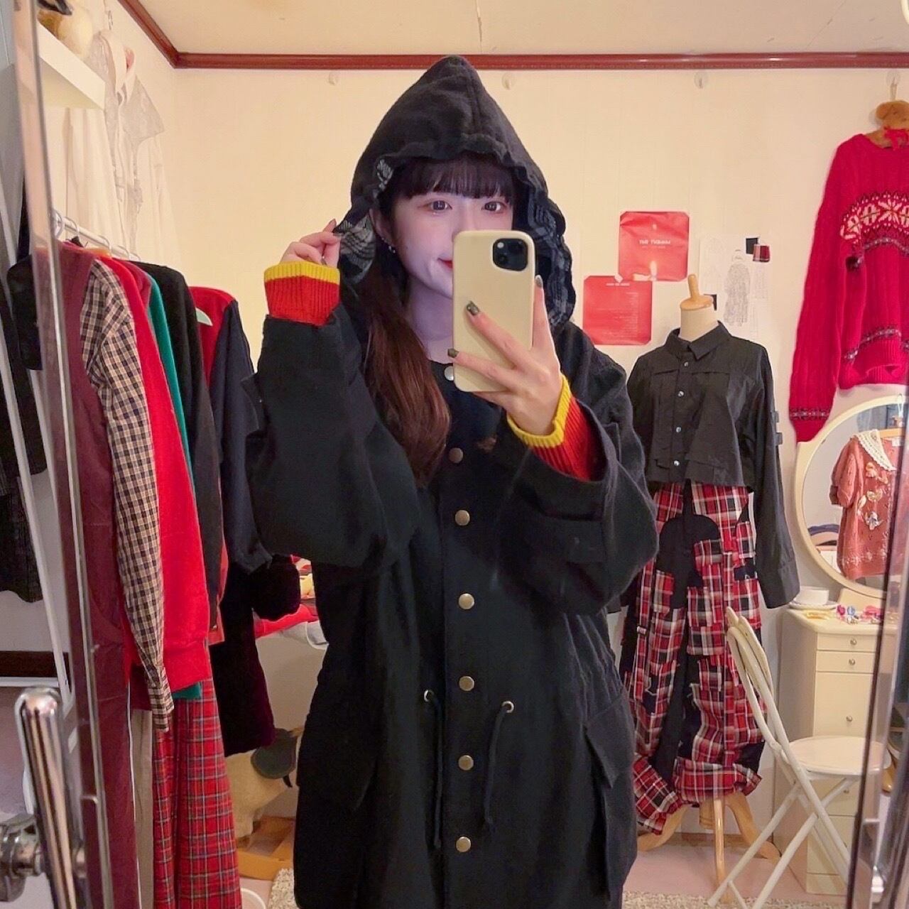 black beige check hoodie coat