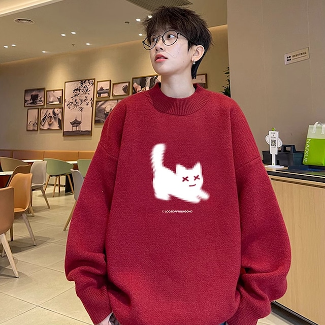 【PPGシリーズ】★セーター★ 4color トップス 男女兼用 メンズ 猫 ねこ ネコ 大きいサイズ 黒 赤 白 灰