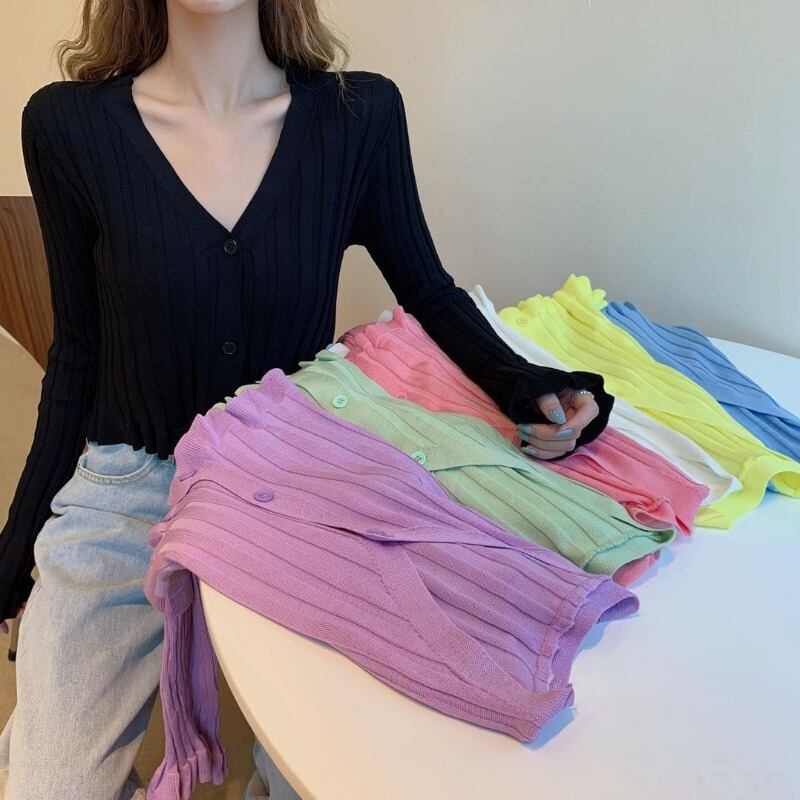 オータムサマー薄手レースソリッド カラーVネックニットカーディガンスタイルレディース ロング 夏物 秋物 ソリッドカラー ハンチェンe79889483425