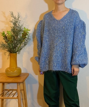 【送料無料】Handmade blue vneck knit