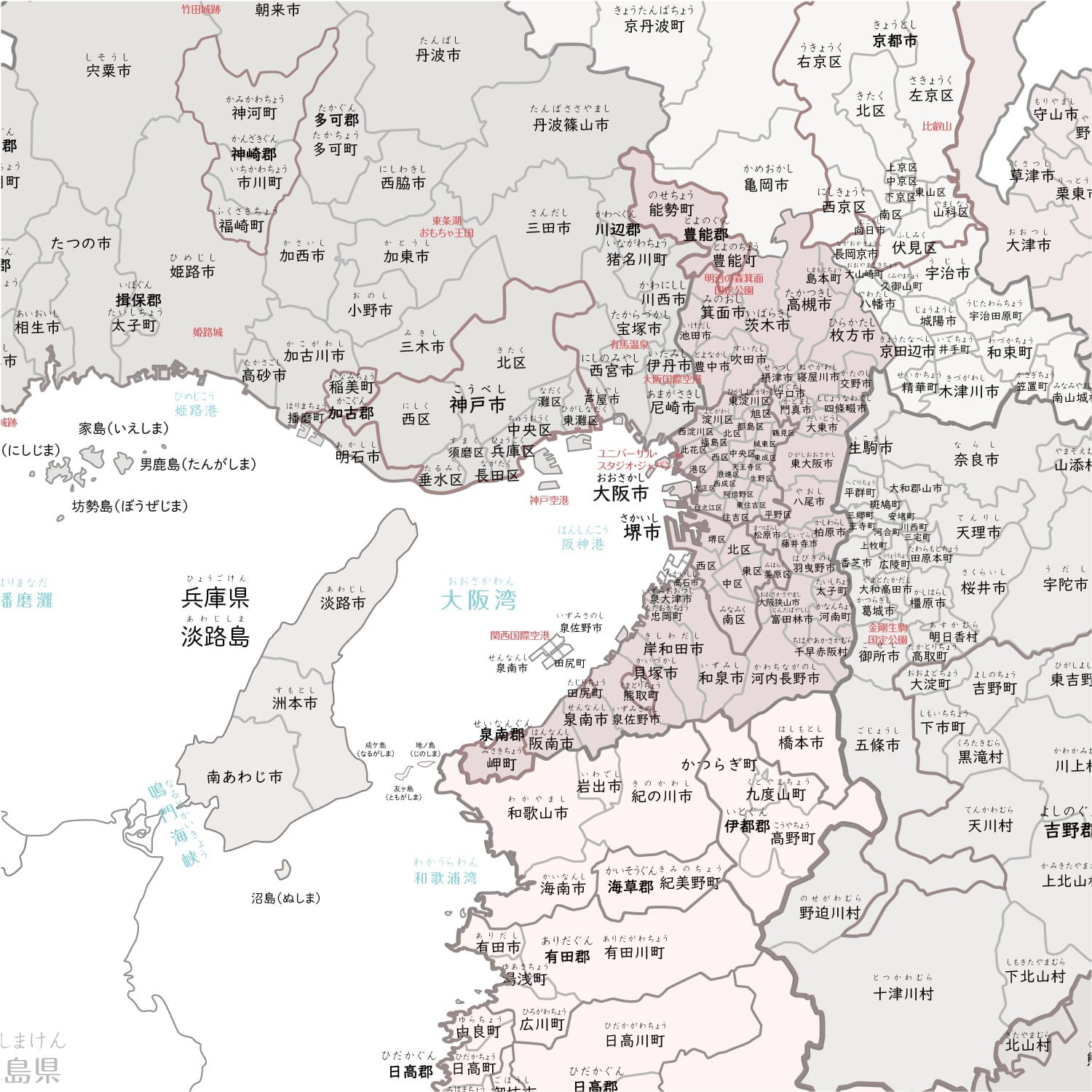 ピンクグレイッシュベージュ】近畿地図ポスター（大阪/京都/兵庫/滋賀
