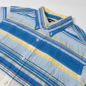 LANDS' END ランズエンド ボーダー柄 シアサッカー 半袖シャツ サイズ L /メンズ/ブルー×水色×イエロー