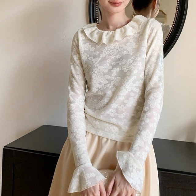 フラワーレースフリルトップス　W00539