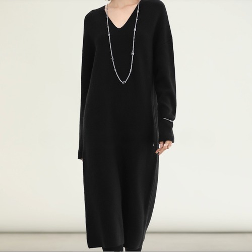 Vネック ミモレ丈 ニットワンピース 00080 画像