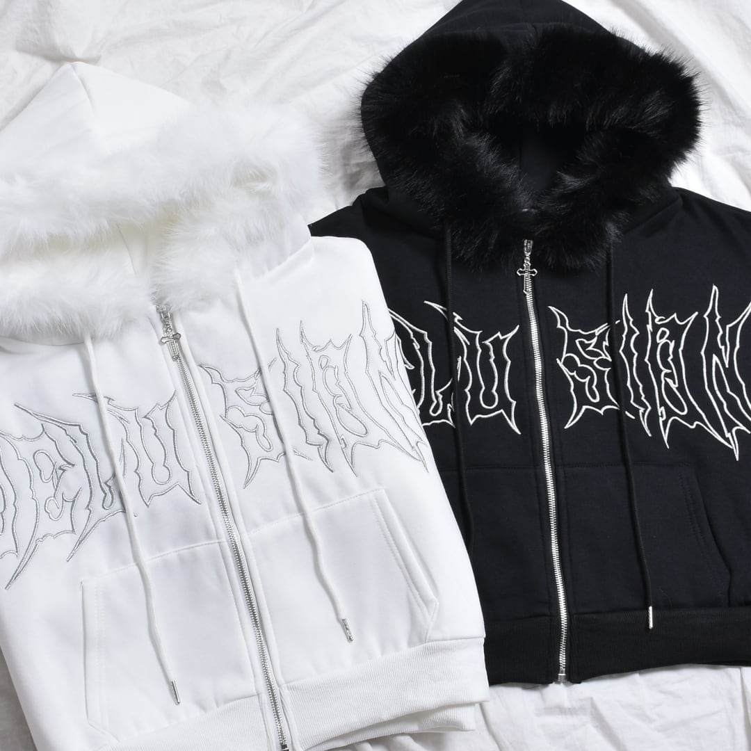 1/3新着】ショート丈 メタルクロスフードファーZIPパーカー(裏起毛