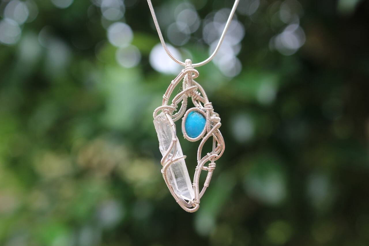 Turquoise & Crystal point silver925 wire wrapping pendant