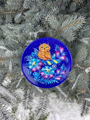 ペトリキウカ塗りのプレート　梟 （ティモシェンコ作）15cm