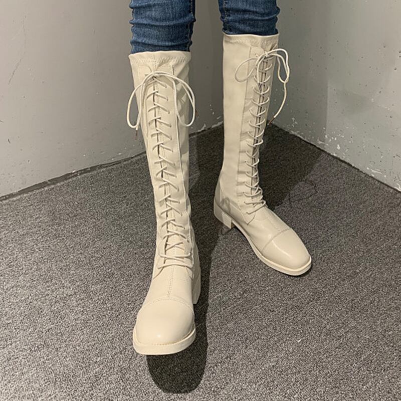 ブーツオータムロングレッドスタンダード レトロ レース 靴 シューズ 秋物 レースアップ フェイクシューズ11837919534