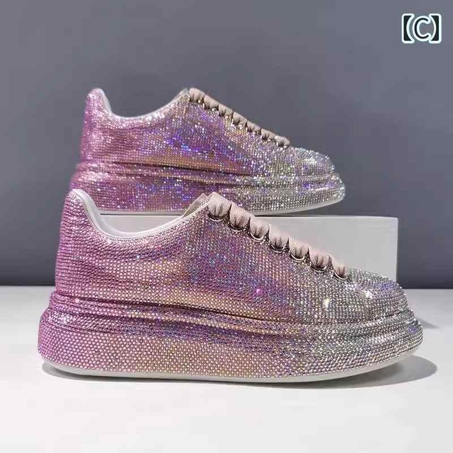 スニーカー キラキラ ラインストーン 厚底 シューズ メタリック シルバー 銀色 ブラック 黒 ピンク グラデーション 運動靴 厚底靴 きらきら 華やか 全面クリスタル 合皮 レザー ローカット バイカラー インスタ映え 主役級 大学生 学校 スクール