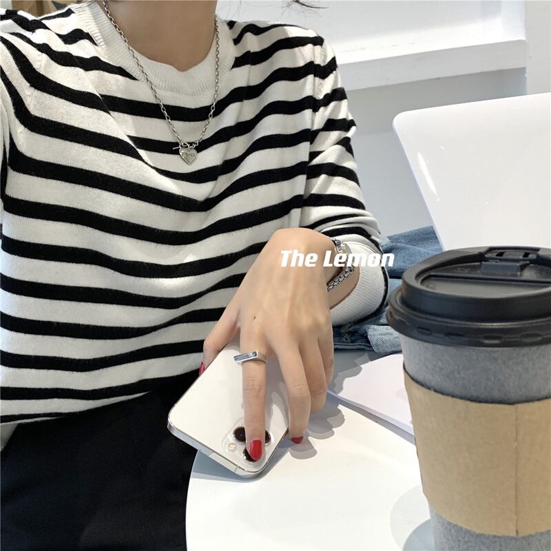 ストライプトップス ベーシックカラーラウンドネックプルオーバー セーター レディース Oネック ビッグFスモールZ韓国84778004110
