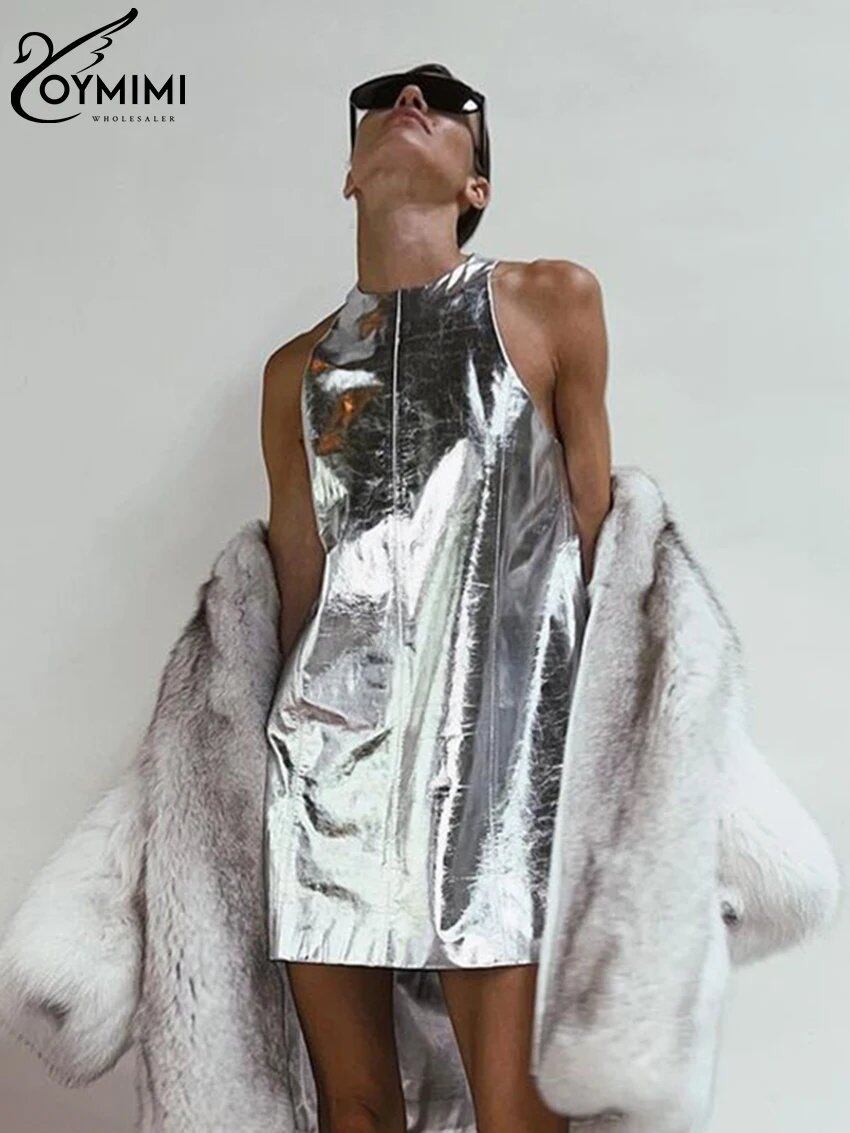 Yomimi-スリムなシルバーPUレザードレス、女性用、Oネックボディコン、女性用ノースリーブドレス、エレガントでクラシック、セクシーでスリム、2023