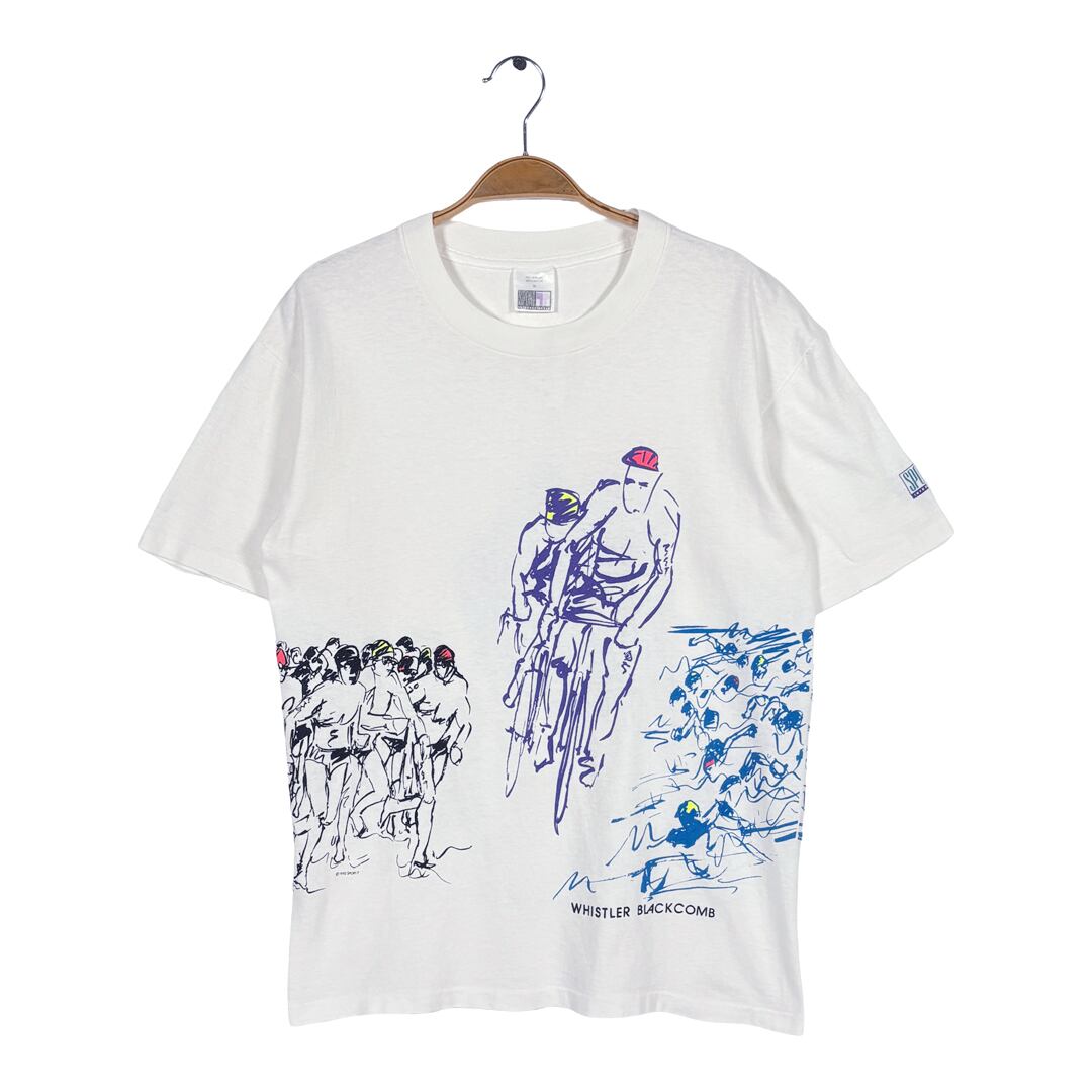 90s トライアスロン アート 総柄デザイン USA製 ヴィンテージ Tシャツ ホワイト シングルステッチ サイズM BZ0648