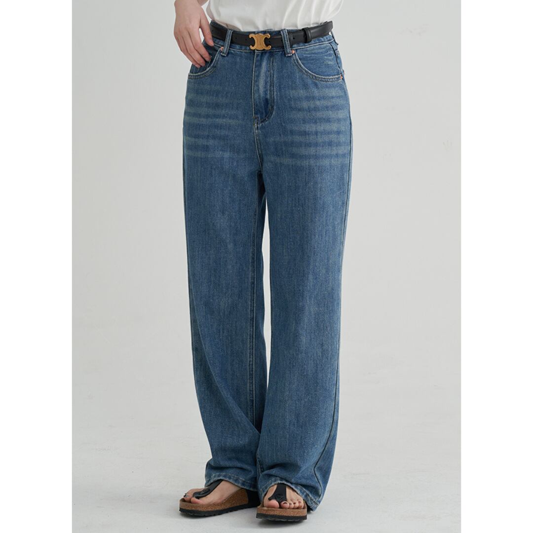 blue retro wash high waist casual straight pants