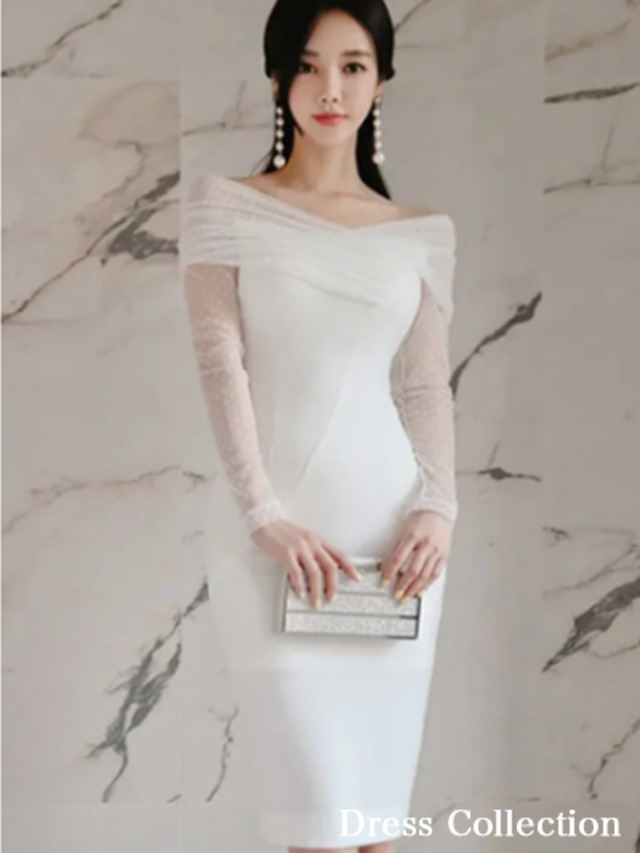 《プチプラ》シースルーアームショルダーホワイトドレス