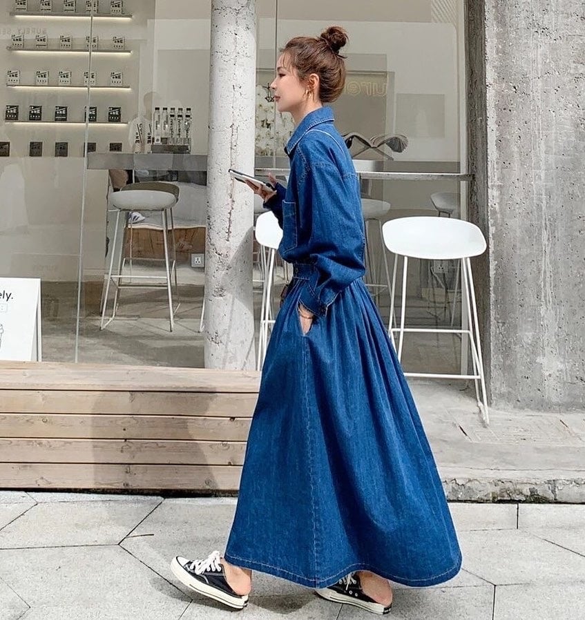コーデ売り♡ロングデニムシャツワンピース＆ロング丈Tシャツワンピース 楽天市場】デニム ロング ワンピース レディース 長袖 通販 デニム