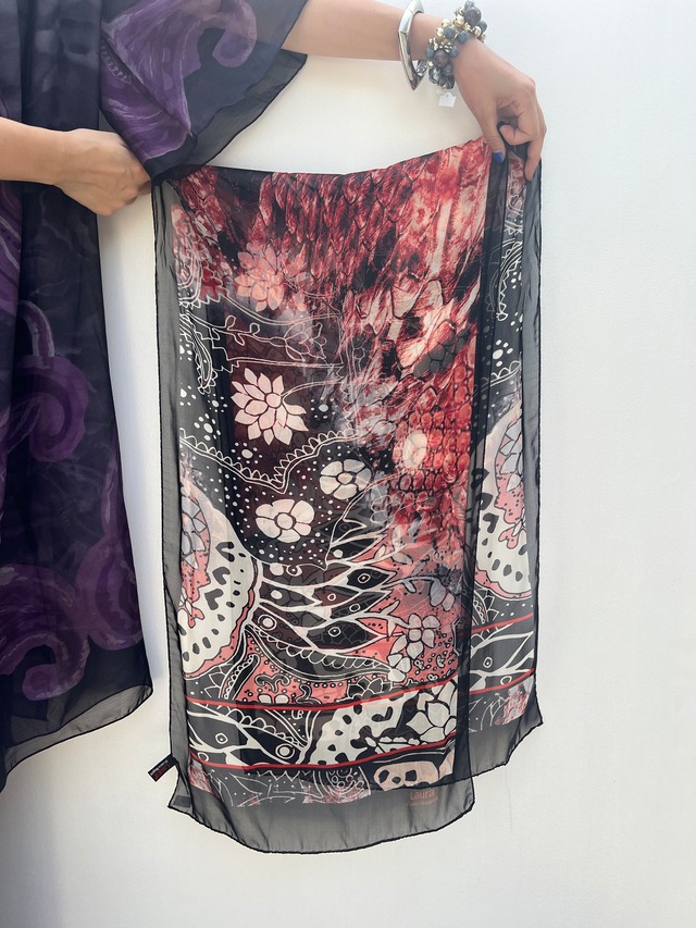 Vintage ITALY black × red mix print silk scarf ( ヴィンテージ イタリア  ブラック × レッド ミックス柄 シルク スカーフ )