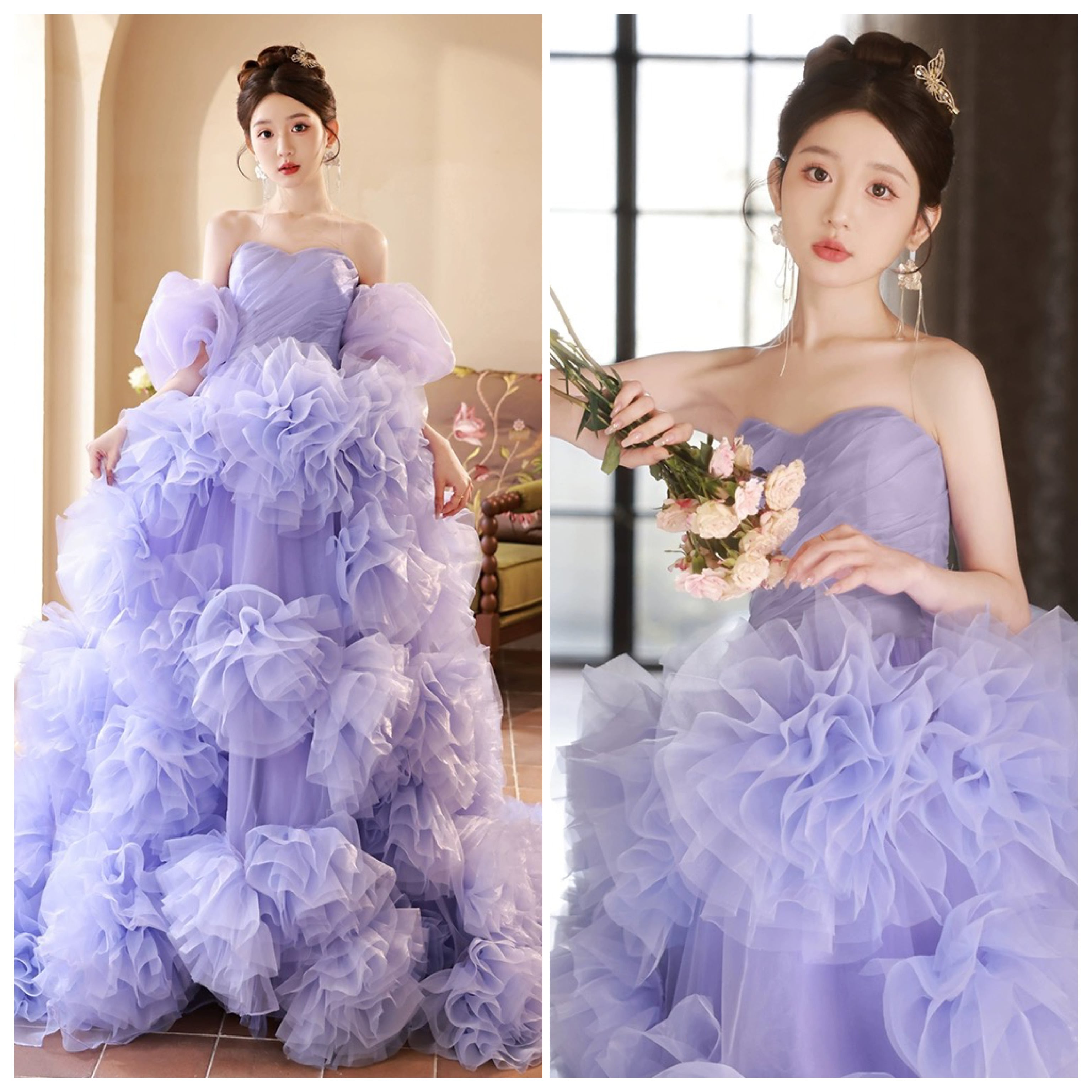 ウェディングカラードレス　オフショルダー オフショルダー ピンクドレス フラワーレース チューブトップ