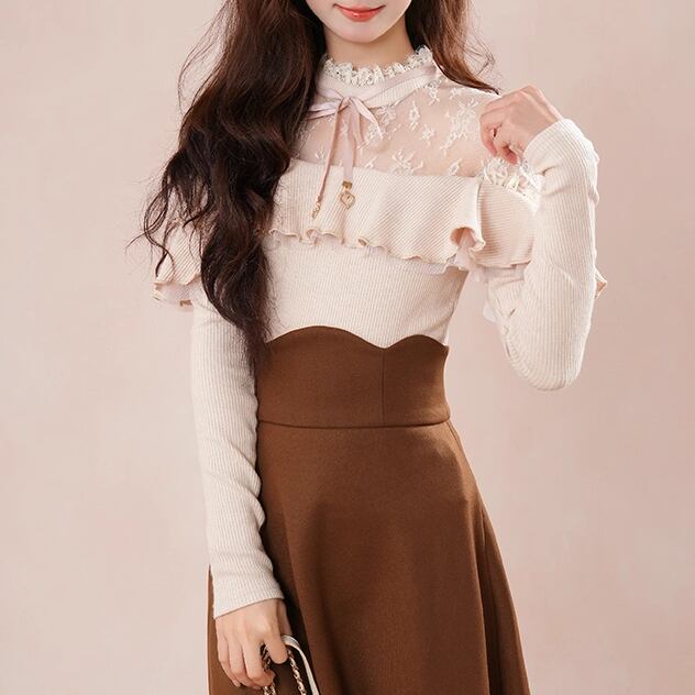 2点セット】シアーネックリブニット＋ハイウエストフレアスカート