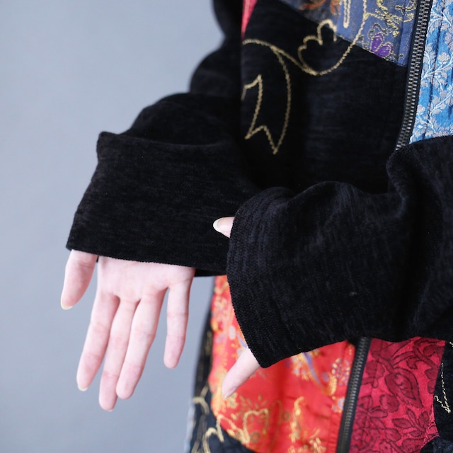 "和×モード" multi fabric and embroidery design velours jacket