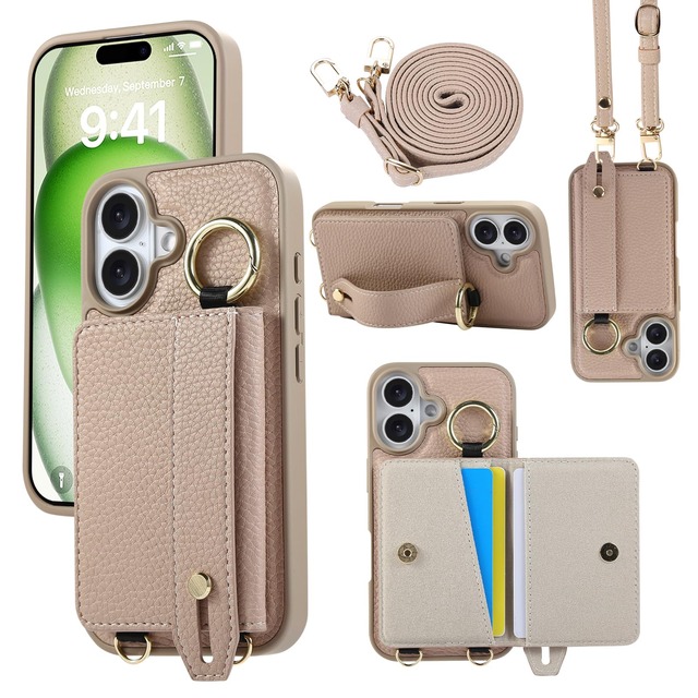 Succtopy 向けのiPhone 17 ケース 手帳型 ショルダー リング付き 用のあいふおん17 ケース 持ち手 ベルト 背面カード収納