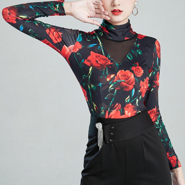 ハイネック ロングスリーブ フラワープリント ダンストップス  ds1479